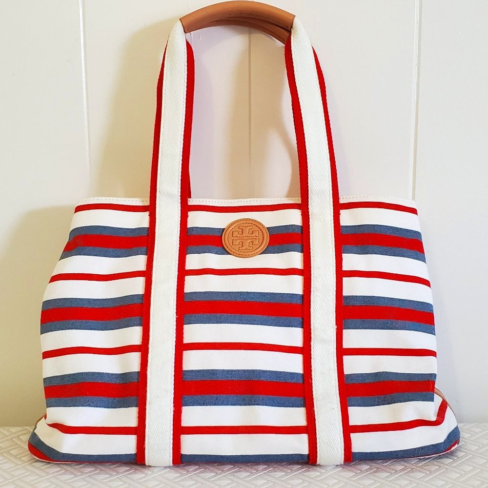 Tory Burch Red Canvas Tote Robinson Stripe